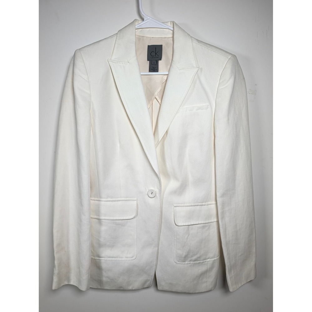 Calvin Klein Womens Blazer Single Button Cotton Silk Lined Off White Slim Fit 6